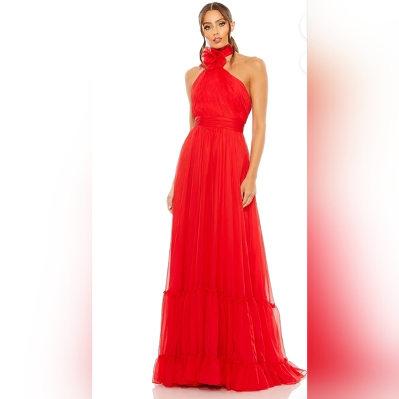 NWT! Ieena for Mac Duggal, Asymmetrical Halter Tiered A Line Gown, Red, Size 2 - Picture 1 of 13